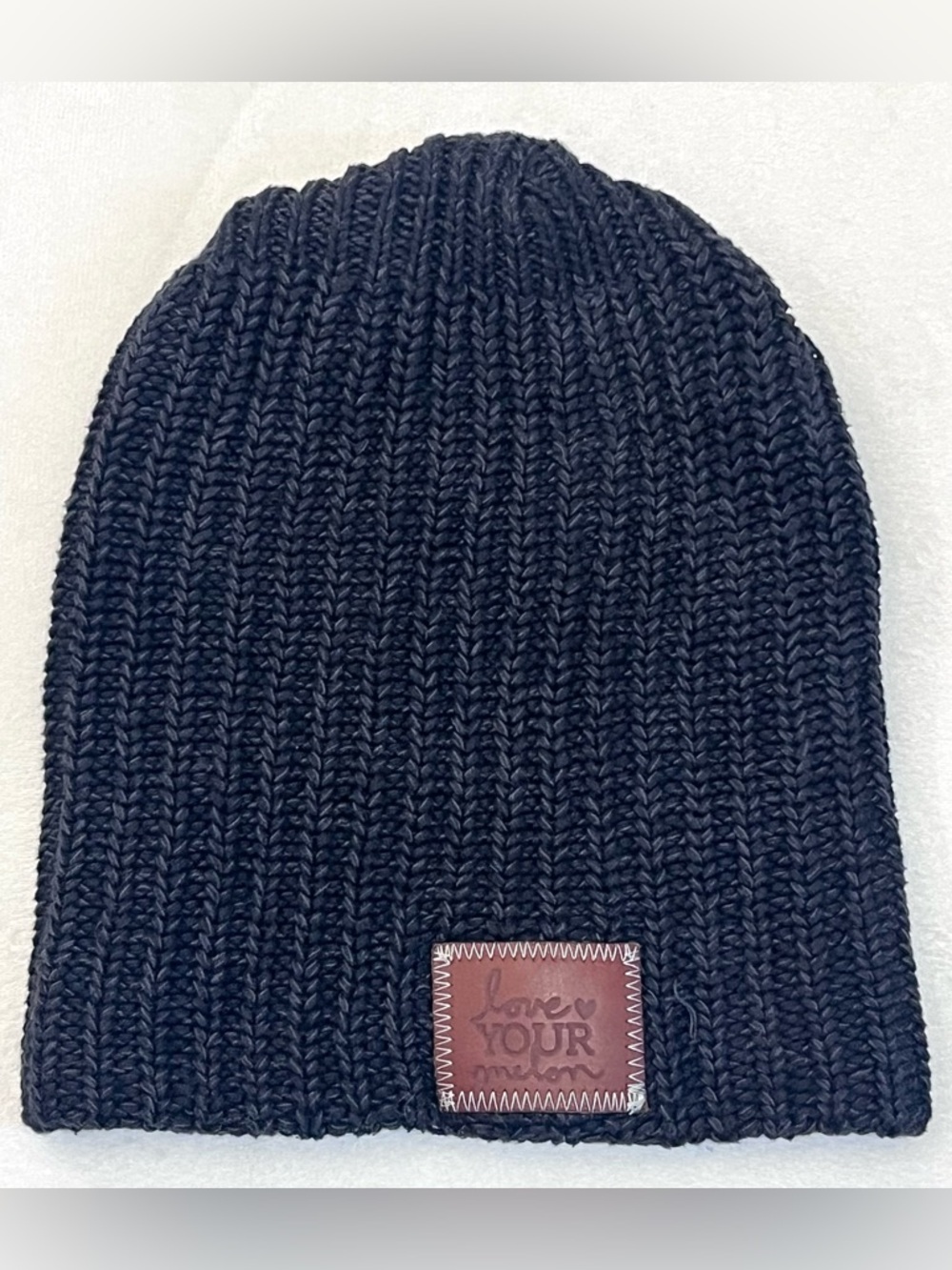 Love Your Melon 100% Cotton Dark Gray Ribbed Knit Beanie with Leather Patch